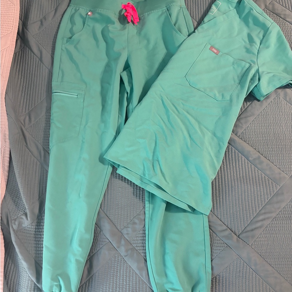 Figs Women's Top and Bottom in Teal with Pink Accent